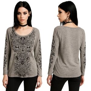 LIVE AND LET LIVE Top Womens Plus 1X Gray Tattoo Edgy Graphic Y2K Rockstar